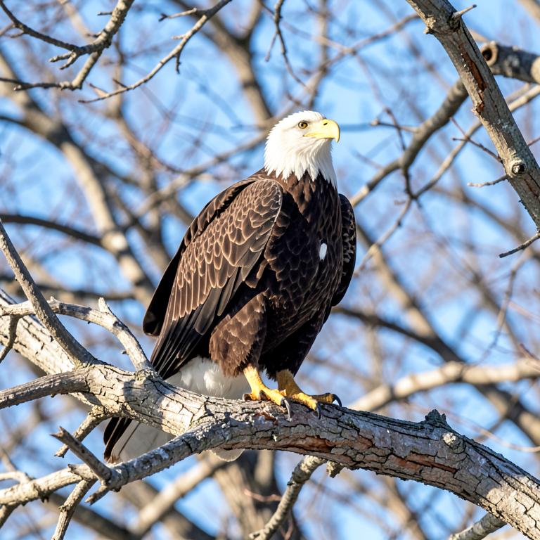 Adult Bald Eagle with white head and yellow bill perched against a pale sky