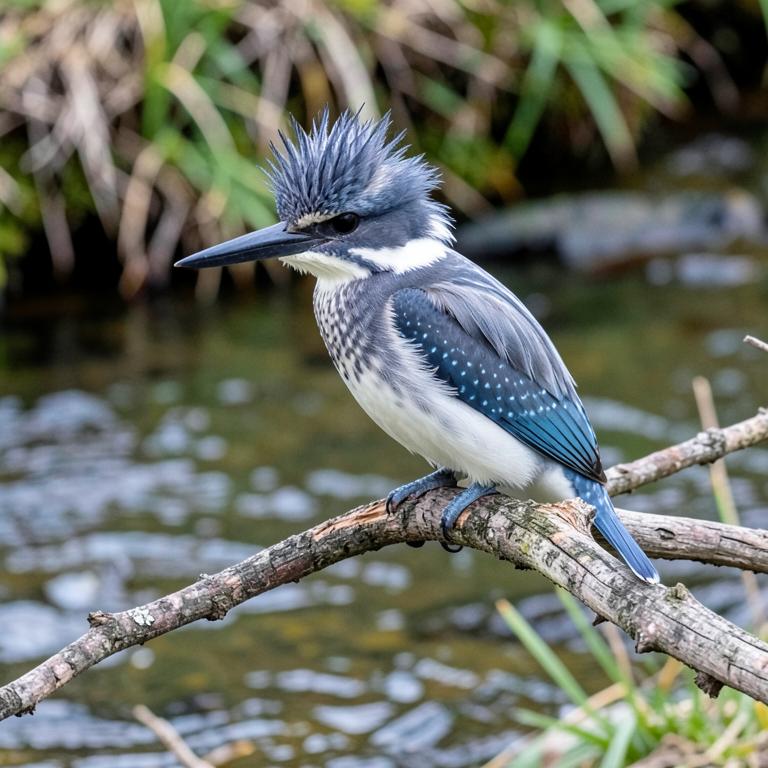 Belted Kingfisher with shaggy blue-grey crest perched over water
