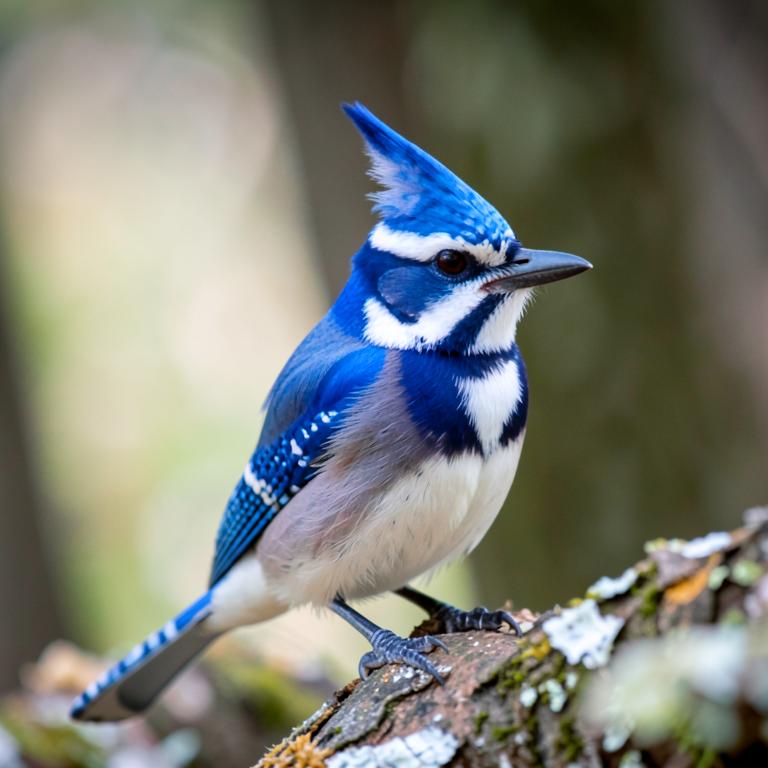 Blue Jay with blue crest and black necklace markings perched on a branch