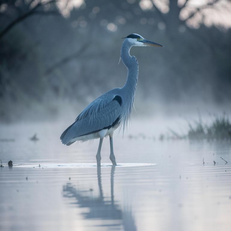 Great Blue Heron standing in shallow water with its neck extended