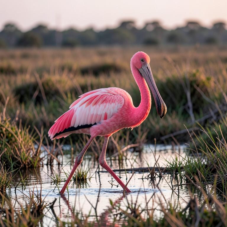 Roseate Spoonbill with pink plumage and spatulate bill wading in shallow water