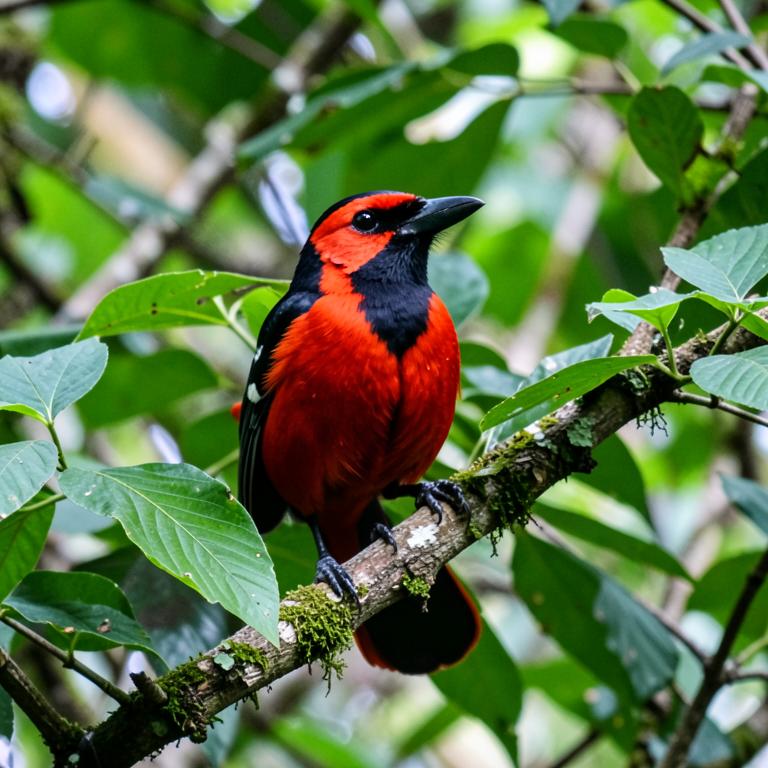 Male Scarlet Tanager with brilliant red body and black wings perched among green leaves