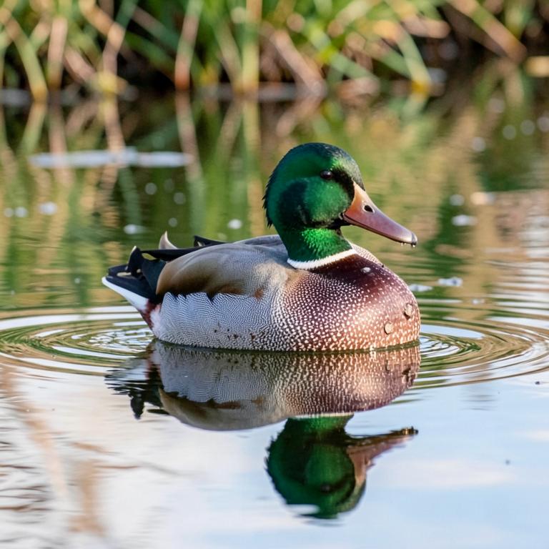 Male Wood Duck with iridescent green crest and patterned plumage swimming on still water